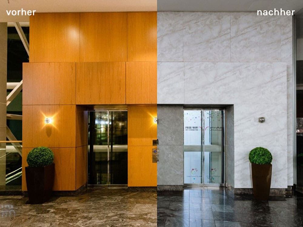 Hotelaufzug vorher-nachher durch Fassadenfolierung Hotelaufzug vorher-nachher